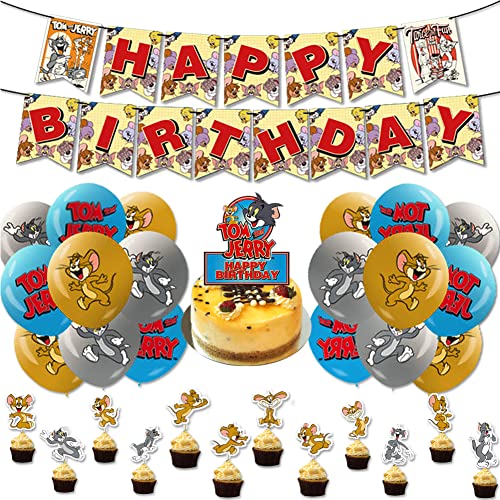 IFHDO Globos de Decoración de Cumpleaños Tom and Jerry 32 Piezas Decoración Fiesta de Juego de Tom and Jerry Decoración de Cumpleaños del Banner Feliz Cumpleaños Globos Decoración para Fiestas
