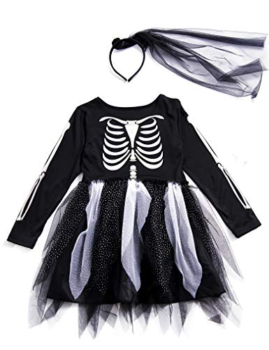 IKALI Disfraces Esqueleto Niña, Niños Aterrador Halloween Vestido, Zombie Ropa para Carnaval Partido, Dia de los Muertos