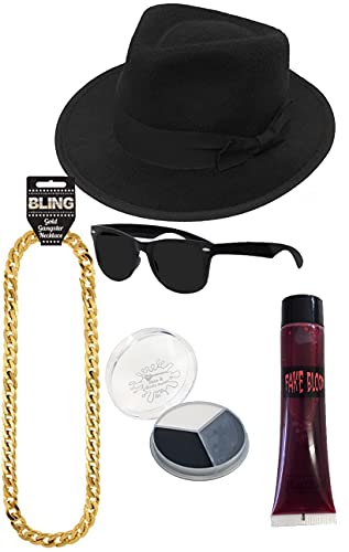 ILOVEFANCYDRESS Big GANGSTER - Juego y kit de gorro, 60 cm, con gafas de sol negras, sangre falsa + pintura facial y collar con medalla dorada.