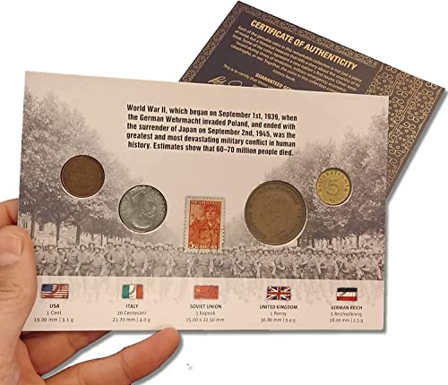 IMPACTO COLECCIONABLES 4 Monedas + 1 Sello, Segunda Guerra Mundial 1939-1945 - Colección en blíster