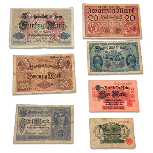 IMPACTO COLECCIONABLES Colección del Imperio Alemán de la Primera Guerra Mundial - 7 Billetes emitidos de 1914 a 1918. Incluye Certificado de autenticidad