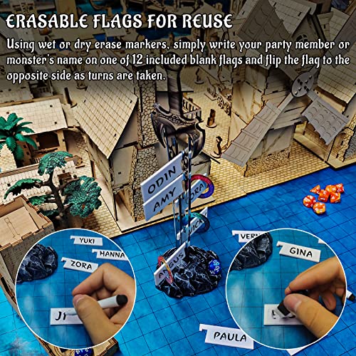 Initiative Tracker Espada acrílica cortada con láser en base de círculo mágico con 12 banderas borrables perfectas para D&D, mazmorras y dragones, Pathfinder y otros juegos de rol de mesa