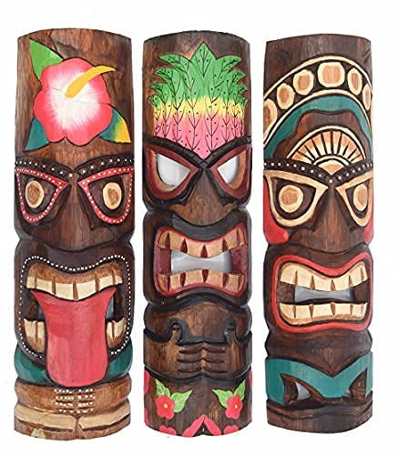 Interlifestyle 3 Tiki Máscaras 50cm en el Maui Hawai Buscar Estilo 3er Juego Máscaras de Madera Máscara de Pared Isla de Pascua
