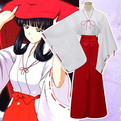 Inuyasha Kikyou Cosplay Vestido Disfraces Kikyo Pelucas Mujeres Kimono Japonés Conjunto Negro Pelo Largo Talla Única Rojo