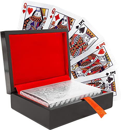 Invero Juego de baraja de póquer con diseño de papel de aluminio chapado en plata, con caja de presentación de madera de lujo para familiares, amigos, juegos nocturnos