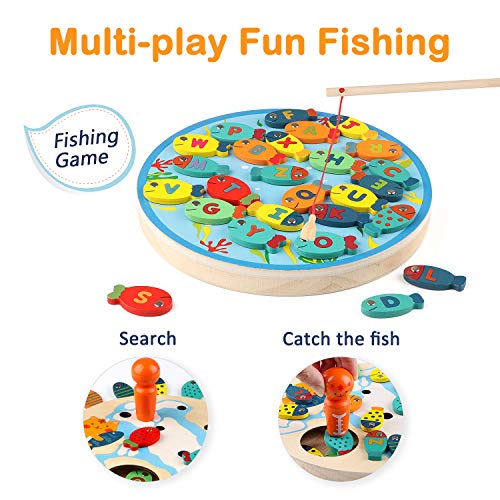Jacootoys Juego de Pesca 2 en 1 Alfabeto de Madera Carta magnética Juguetes de Pesca 30 Piezas Juegos educativos para niños 3 4 5 años