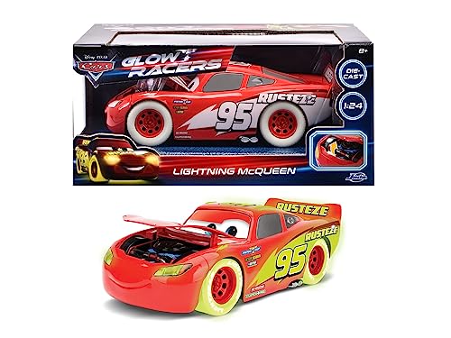 Jada Toys - Glow Racers Auto Lightning McQueen (21 cm) de Disney Pixars Cars - Coche de juguete para niños a partir de 8 años, brilla en la oscuridad, modelo de coche de metal, escala 1:24, color rojo