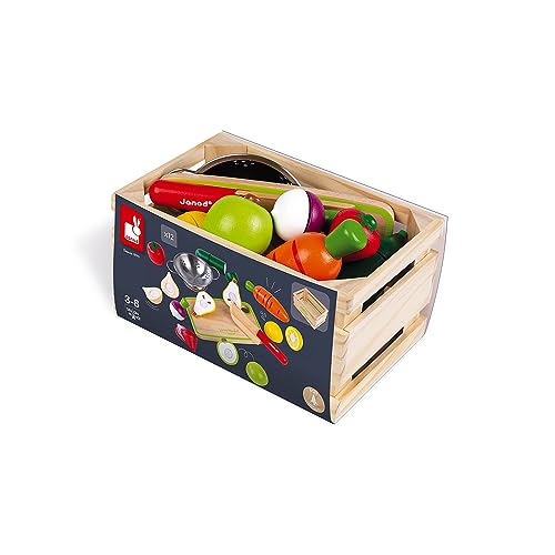 Janod - Maxi Set de Frutas y Verduras Green Market - Cajón de mercado con 9 frutas y verduras para cortar con velcro - Tabla y cuchillo de madera - Colador de metal - A partir de 3 años, J06607