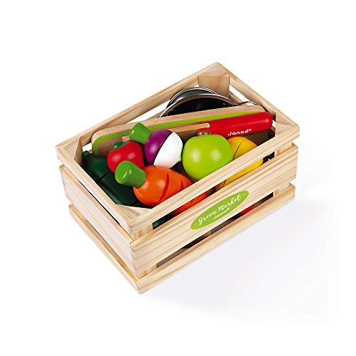 Janod - Maxi Set de Frutas y Verduras Green Market - Cajón de mercado con 9 frutas y verduras para cortar con velcro - Tabla y cuchillo de madera - Colador de metal - A partir de 3 años, J06607