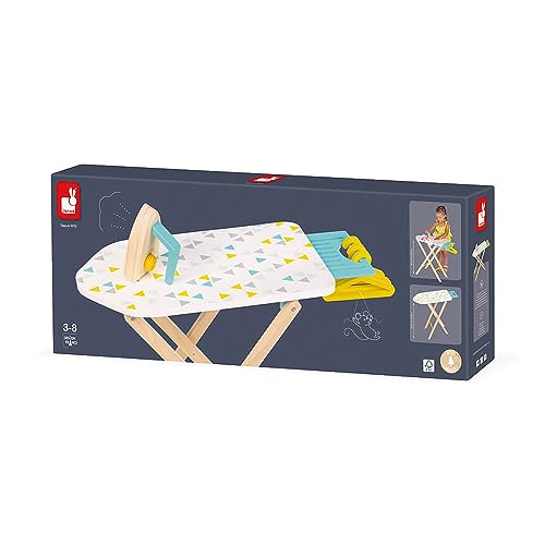 Janod - Tabla de planchar para niños, con mesa deslizante + 1 plancha + 3 perchas - Juguete de imitación de madera - Certificado FSC - 3 a 8 años, J06502