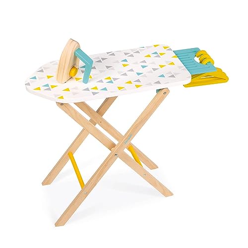 Janod - Tabla de planchar para niños, con mesa deslizante + 1 plancha + 3 perchas - Juguete de imitación de madera - Certificado FSC - 3 a 8 años, J06502
