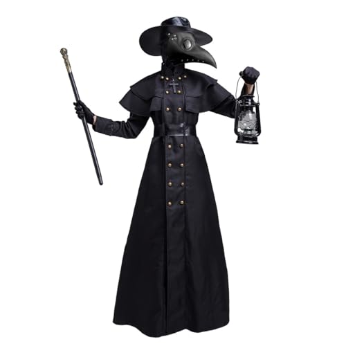 JANTY Juego completo de disfraz de médico de la peste medieval, steampunk, pico de pájaro de nariz larga con bastón y lámpara para hombre, accesorio de Halloween y cosplay (negro/M)