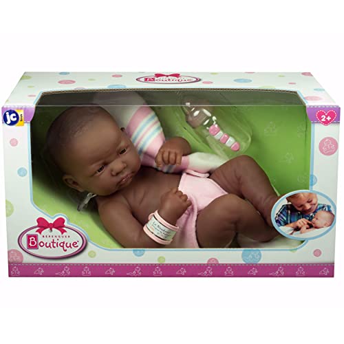 JC Toys- Muñeca afroamericana La Newborn Primer día recién Nacida de 36 cm, de Vinilo Suave, con pañal Reutilizable y Accesorios, niña, Rosa, diseñada en España por Berenguer, 2 años