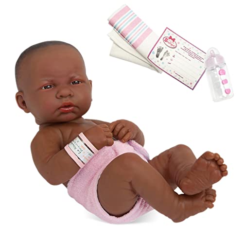 JC Toys- Muñeca afroamericana La Newborn Primer día recién Nacida de 36 cm, de Vinilo Suave, con pañal Reutilizable y Accesorios, niña, Rosa, diseñada en España por Berenguer, 2 años