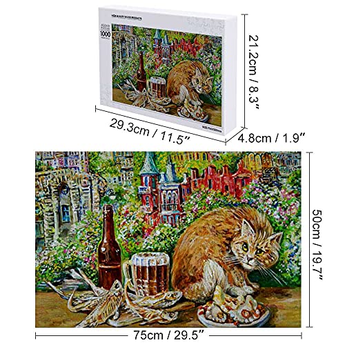 jeansame Rompecabezas de madera de 1000 piezas de pintura gato contra fabulosa ciudad rompecabezas juegos ilustraciones regalo para adultos niños, multicolor