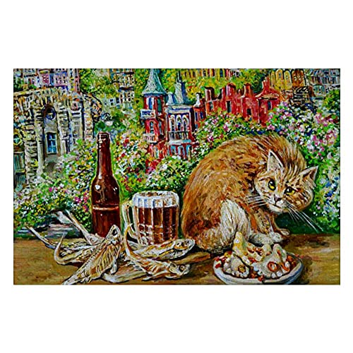 jeansame Rompecabezas de madera de 1000 piezas de pintura gato contra fabulosa ciudad rompecabezas juegos ilustraciones regalo para adultos niños, multicolor