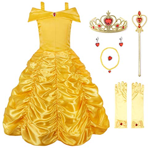 JerrisApparel Niña Princesa Disfraz Fuera del Hombro Cosplay Partido Vestido (9 años, Amarillo con Accesorios)