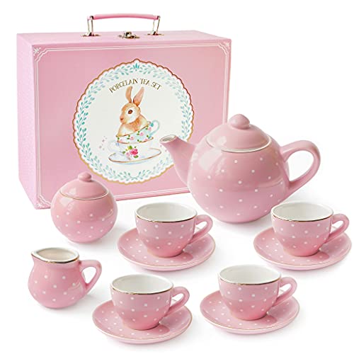 Jewelkeeper - Juego de té para niñas, Servicio de té Juguete de Porcelana, vajilla Infantil de 13 Piezas - Diseño de Lunares Rosas