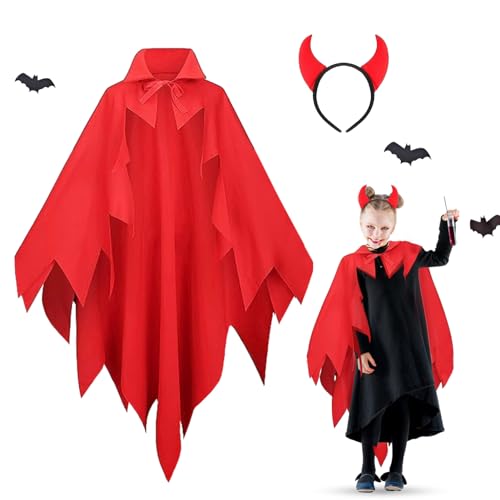 JIASHA Disfraz de Diablo para Mujer, 1 Capa, 1 Diadema Capa de Diablo capa de diablo con cuernos de diablo, para Niño Adulto Disfraz de Halloween Fiesta Temática Mascarada