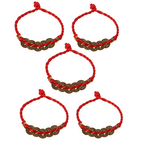 JinYu - Juego de 5 pulseras chinas de monedas de Feng Shui monedas I-Ching monedas tradicionales con cuerda roja para riqueza y éxito
