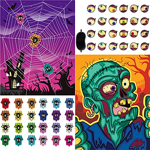 JOYIN 2 Piezas Grandes de Halloween Pin The Eyeball on Zombie y Pin The Spiders on The Web Party Games en 2 diseños Reutilizables para niños Suministros de Fiesta de Halloween