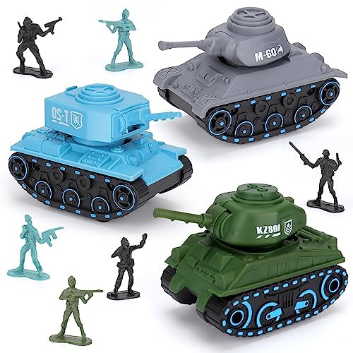 JuanKidbo 3 piezasTanque de Juguete y 36 piezas de juguetes para hombres del ejército, Tanques de Juguete con Torreta Giratoria, Tanques Juguete para Niños de 3 4 5 6 Años
