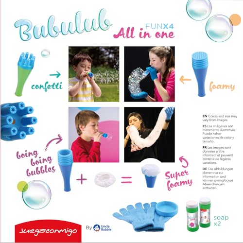Juegaconmigo BUBULUB Kit pompas de jabón Resistentes. Juguete Burbujas Divertido para niños. Incluye Guantes para Jugar, 2 Botes solución y Accesorios (All in One)