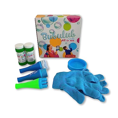 Juegaconmigo BUBULUB Kit pompas de jabón Resistentes. Juguete Burbujas Divertido para niños. Incluye Guantes para Jugar, 2 Botes solución y Accesorios (All in One)