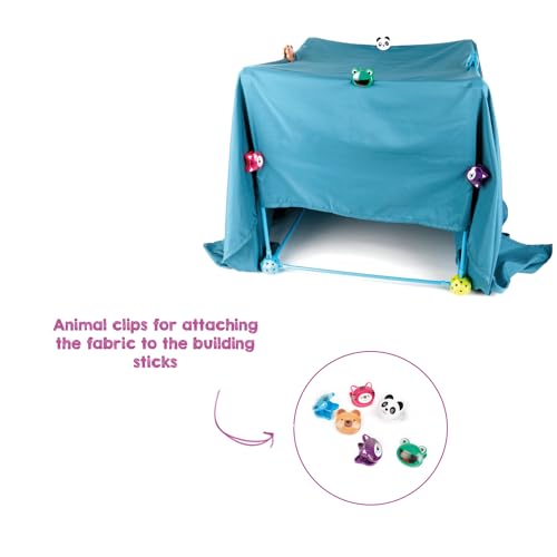 JUEGACONMIGO X-FORTS Kit de Construcción de Fuertes para Niños. Juego Construcción Fortalezas, Castillos, túneles Piezas Ligeras y Resistentes. Incluye Tela (Set 85 Piezas)