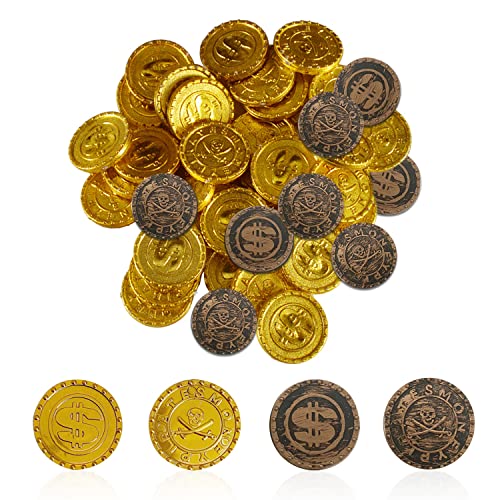 Juego de 120 monedas de juguete, 100 de oro y 20 de bronce, juguete de monedas oro del tesoro tesoro pirata, monedas oro para fiestas piratas, juegos para niños, decoraciones de cumpleaños para niños