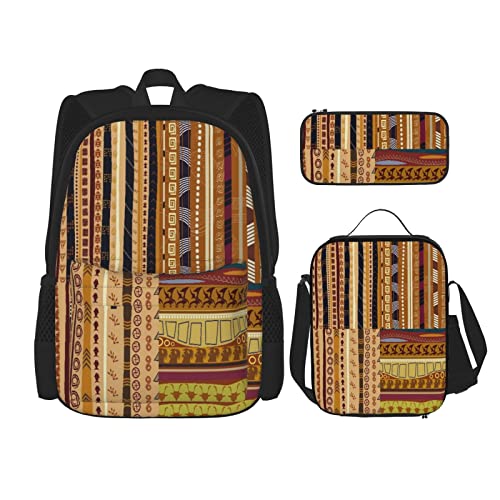 Juego de 3 mochilas con motivos africanos con líneas de estilo de tejido giratorio, arte del continente atemporal, bolsa de libros bohemio, bolsa de viaje, trabajo, escuela, estuche de lápices, bols
