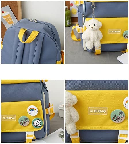 Juego de 4 bolsas de mochila escolar con colgante de oso de peluche Kawaii, bolsa de lona combinada de hombro de animal, mochila adolescente niña, Azul / Patchwork, Large
