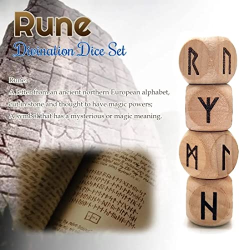 Juego de 4 dados de runa de madera, 24 símbolos de adivinación antiguos tallados, dados de madera de runa para futura adivinación y meditación