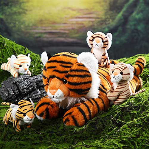 Juego de 5 juguetes de peluche de tigre, 1 animal de peluche con 4 lindos bebés de peluche en el vientre de mamá de tigre de 16 pulgadas, regalos de cumpleaños, recuerdos de fiesta