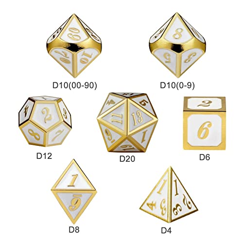 Juego de 7 dados de metal sólido, dados de poliedro D&D con bolsa de franela para juego de rol DND (borde dorado blanco)