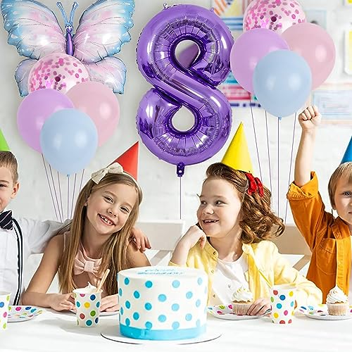 Juego de 8 años – Globo de papel de aluminio, decoración de animales, azul y lila, decoración de cumpleaños, decoración de cumpleaños infantil, decoración de fiesta número 8 globos para niñas, niños,