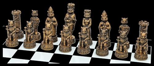 Juego de ajedrez con diseño de gatos y perros, color dorado y plateado