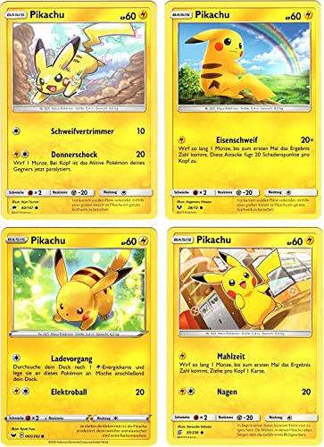 Juego de cartas Pokémon en alemán – Juego de cartas individuales compatibles con cartas Pokemon – Juego de 4 Pikachu – Compilado por GECO
