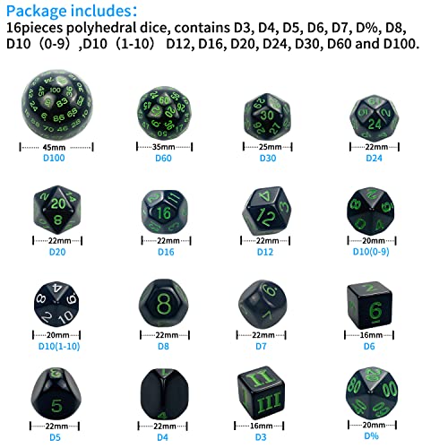 Juego de dados poliédricos de 16 piezas, D3-D100 con bolsa de dados impermeable para juegos de mesa RPG de Dungeons and Dragons, negro y verde