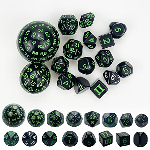 Juego de dados poliédricos de 16 piezas, D3-D100 con bolsa de dados impermeable para juegos de mesa RPG de Dungeons and Dragons, negro y verde