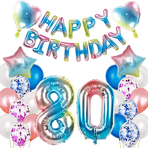 Juego de decoración de 80 cumpleaños para mujer, hombre, arcoíris, decoración de cumpleaños para 80 años, globos con guirnalda de Happy Birthday para género, Reveal, hombre y mujer