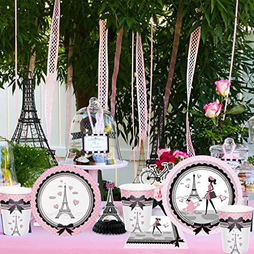 Juego de vajilla para fiesta de cumpleaños de París, 16 invitados, juego de vajilla de torre Eiffel, reusable Paris, papel para fiestas, tazas, servilletas