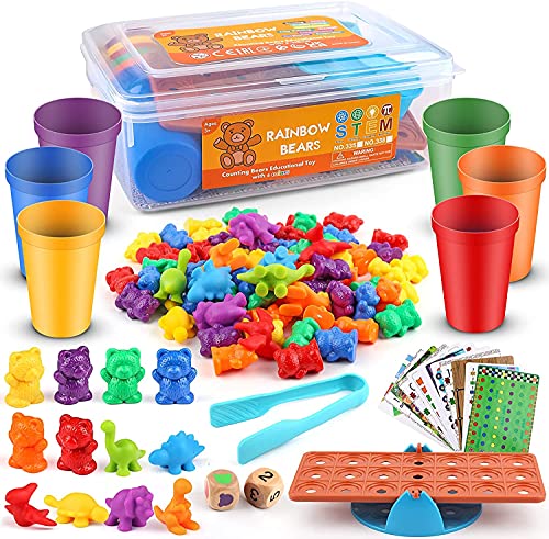 Juego Osos Contar y Dinosaurios de Colores 100 PCS - Juguetes Montessori con clasificación y con vasos apilables - Para psicomotricidad fina de niños - Juegos educativos para regalo 3 4 5 6 años