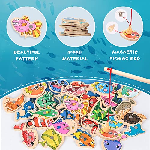 Juego Pesca Magnetico de Madera, 31 Piezas Seguridad Juego Pesca Niños Pescar Peces Juego con Iman con 2 Piezas de Caña de Pescar Magnética para Niños Mayores de 3 Años para Fiesta de Cumpleaños