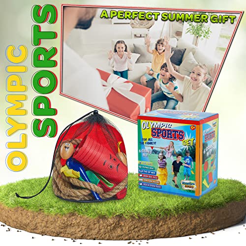 Juegos Infantiles Set de Juegos Exterior Niños con Accesorios, Cuerda, Sacos, Juego de Lanzamiento y Equilibrio, Rayuela, Juegos Aire Libre para Fiestas Cumpleaños Infantiles (Set 6 en 1)