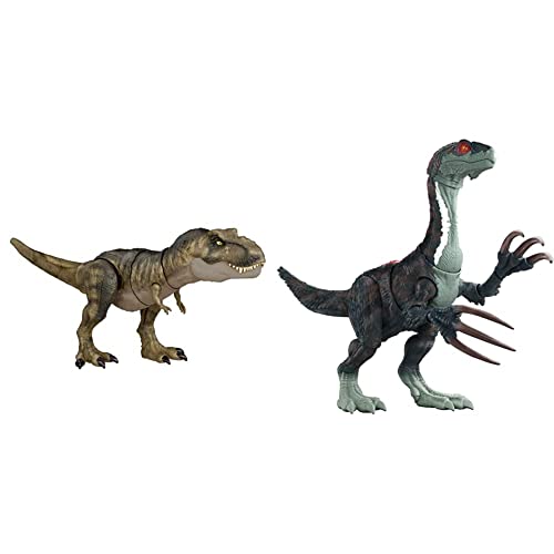 Jurassic World T-Rex golpea y Devora Dinosaurio articulado, Figura de + Dinosaurio Slasher Escapista con Sonido Figura articulada de Juguete Que escapa de su Jaula (Mattel GWD65)