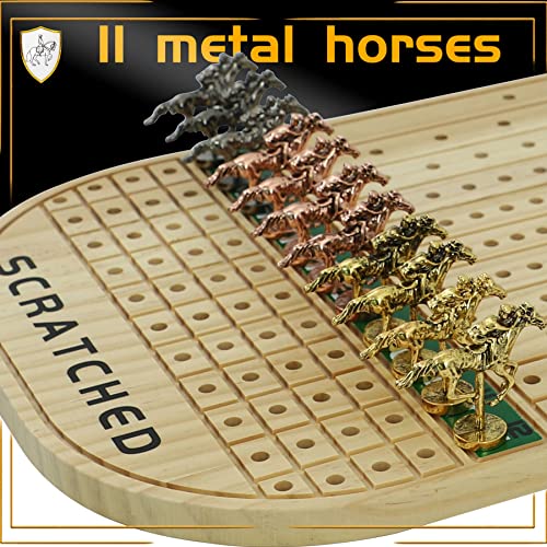Jyquorp Juego de mesa de carreras de caballos de madera maciza gruesa con 11 caballos de metal clásicos duraderos con 4 dados y 2 cajas de cartas, juego de carreras de caballos (color de tronco,