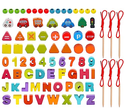 KanCai ABC letras Cuentas de Madera Juguete de enhebrar Cuerda Habilidades Motoras Finas Montessori Juguetes Educativos Juguete para Bebés Niños 2 3 4 5 6 años