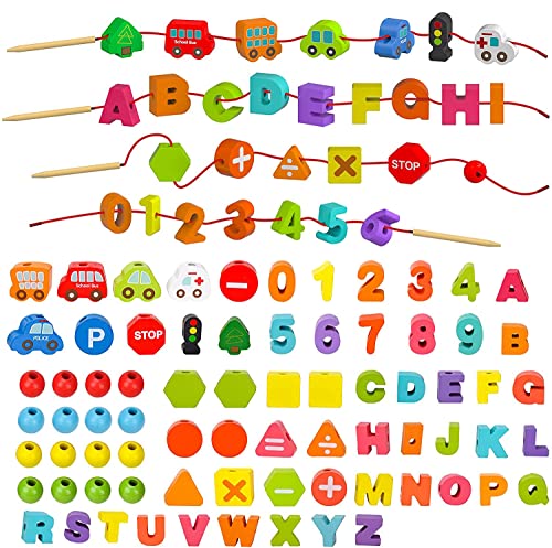 KanCai ABC letras Cuentas de Madera Juguete de enhebrar Cuerda Habilidades Motoras Finas Montessori Juguetes Educativos Juguete para Bebés Niños 2 3 4 5 6 años