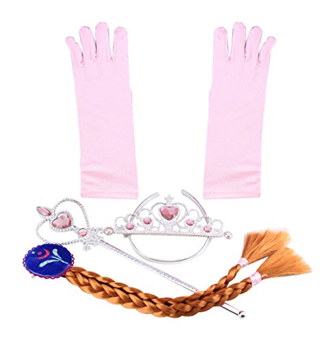 Katara- Cosplay Disfraz de Princesa Conjunto de Guantes Tiara Varita Mágica Niña 2-9 Años, Color rosa claro/trenza marrón (1098)